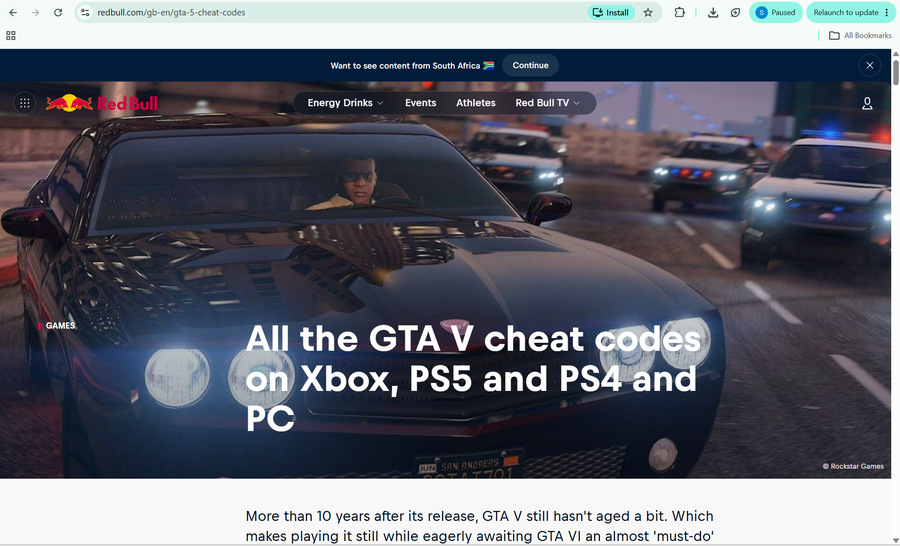 Red Bull's GTA V cheat codes article page