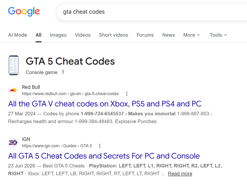 Google results showing Red Bull ranking first for GTA cheat codes